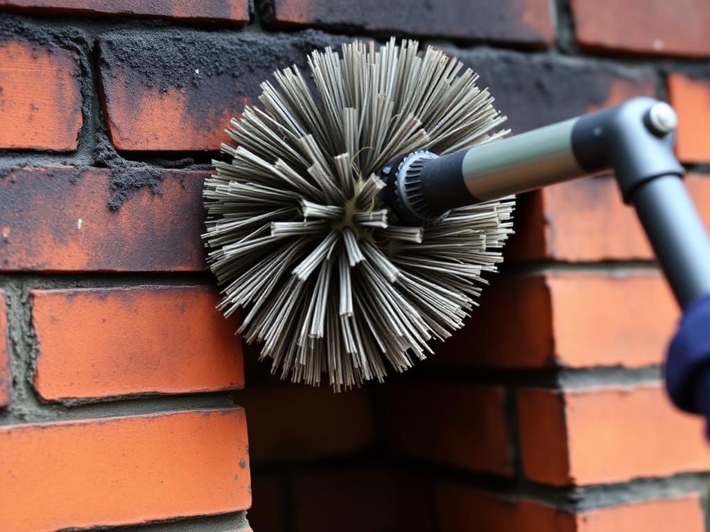Rotary chimney sweep brush clearing soot from brick flue