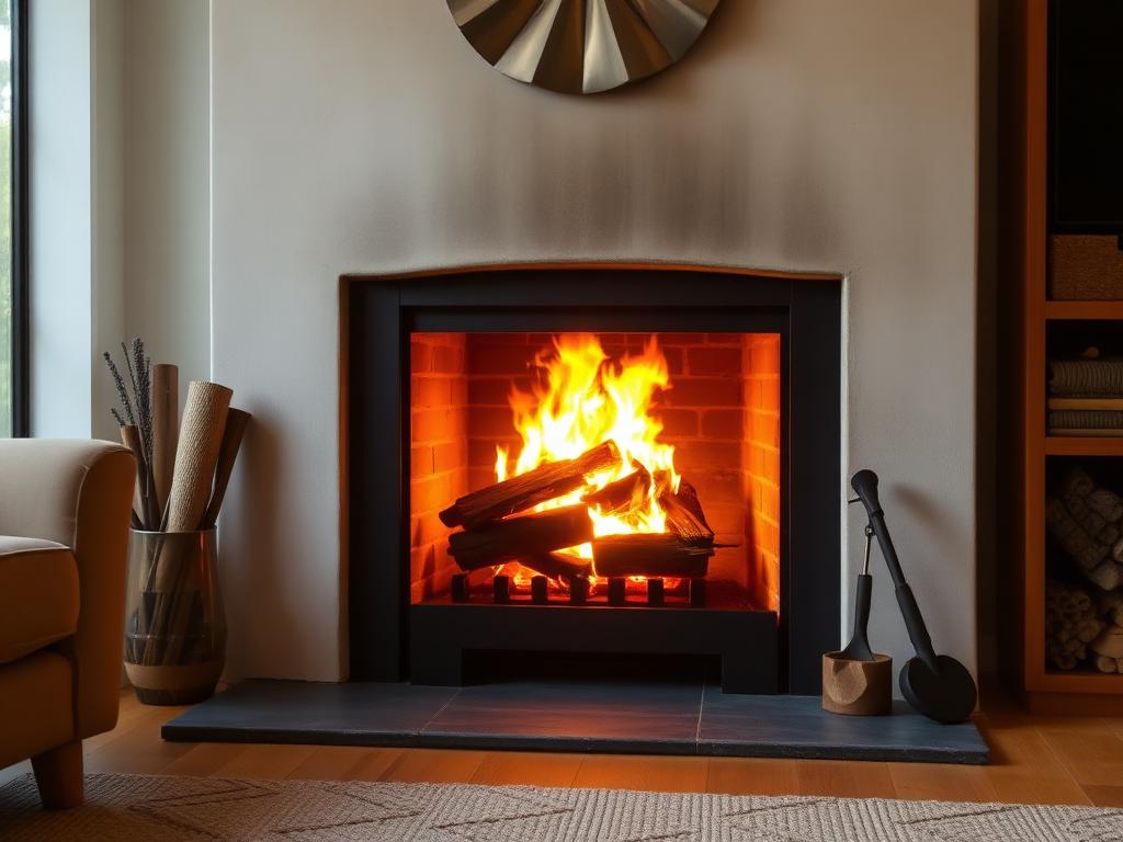 Clean, freshly-serviced wood fireplace burning brightly